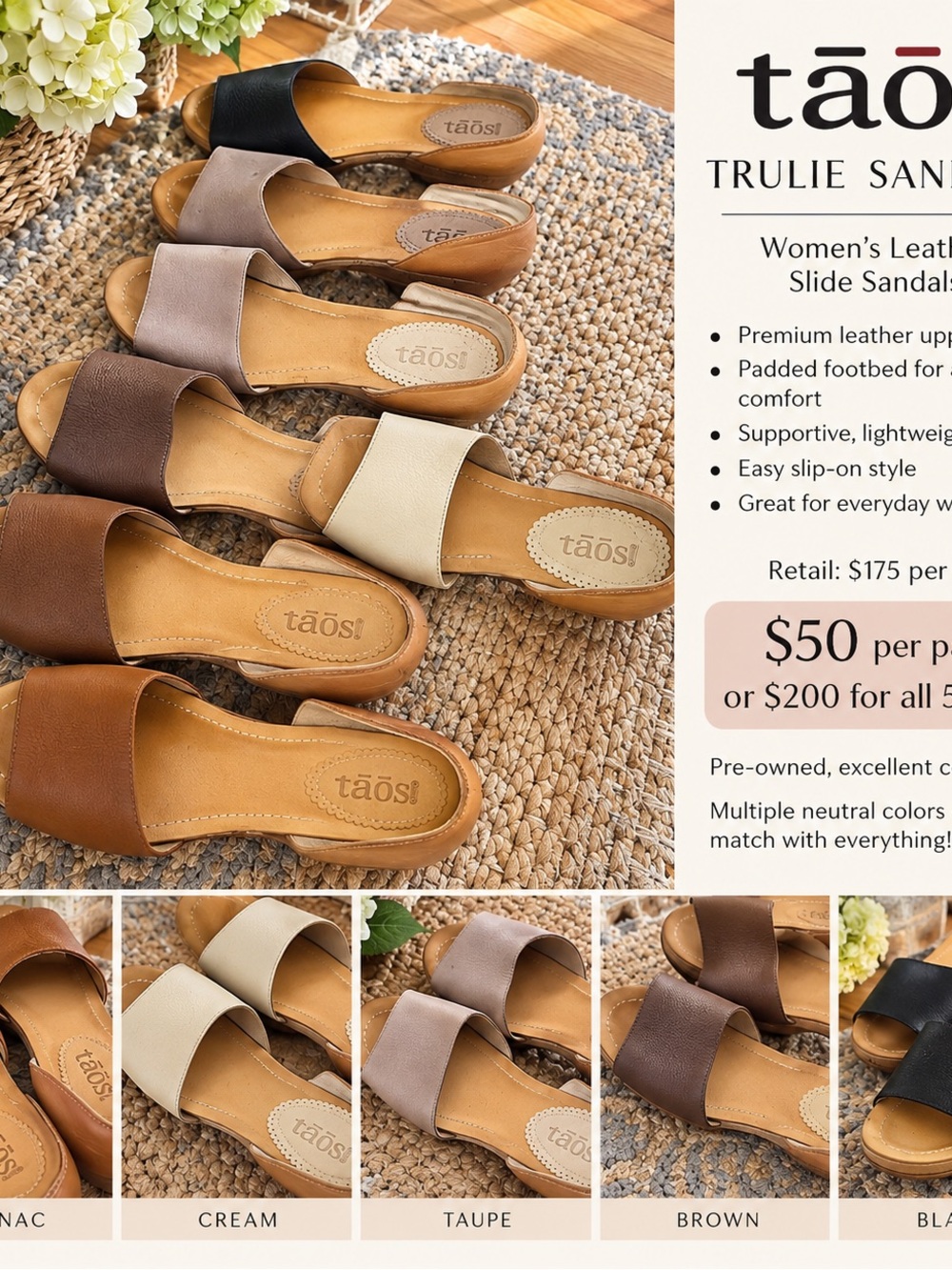 5 pairs Taos Footwear Trulie Sandals in Cognac, Cream, Taupe, Brown, Black 10